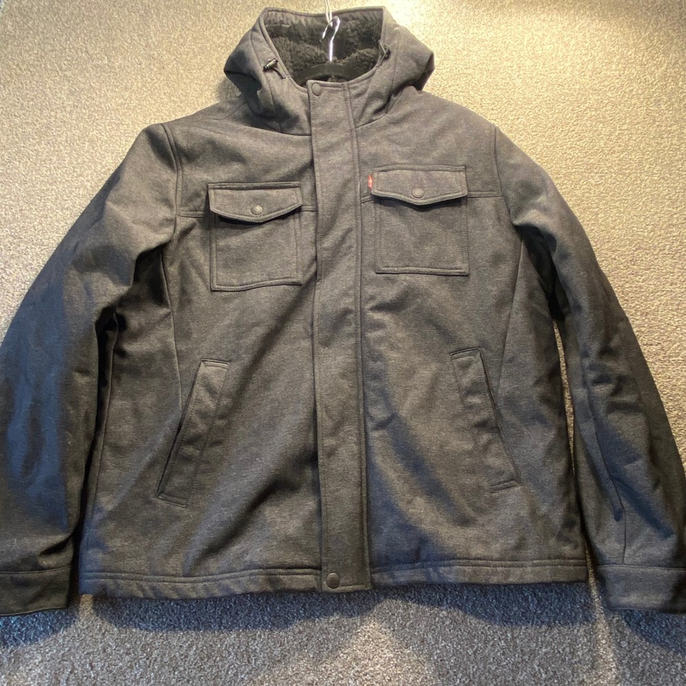 Levis Mens Hooded Sherpa Lined Jacket Charcoal Grey Heather Size L Coat
